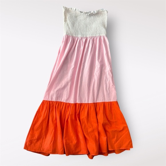 Casual dress Petal & Pup Shia Pink White Orange Color-block Strapless Midi
Dress - Picture 1 of 3